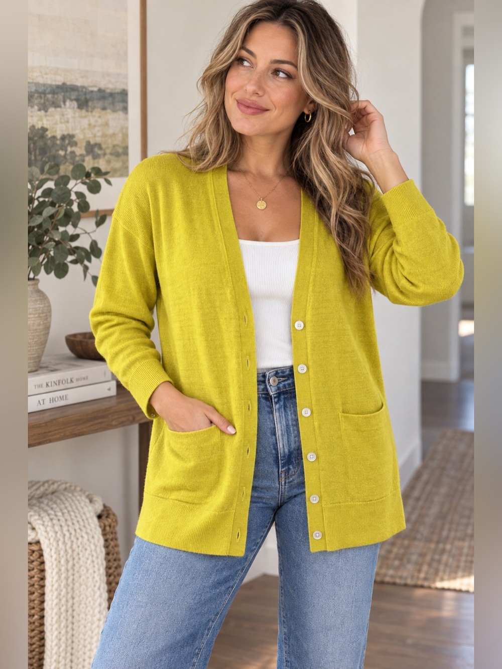 Banana Republic S 100% Merino Wool Cardigan Mustard Yellow Button Pocket Office